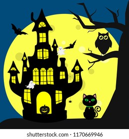 Happy Halloween. Helluinsky black cat sits next to the house of the witch. A tree, an owl, flying vampires, spiders, ghosts and a full moon at night. Vector, flat style, cartoon.