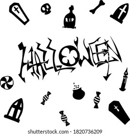 Happy Halloween holiday, 31st October All saints day, text isolated lettering drawings freehand icons in vector