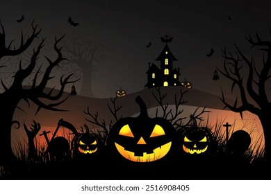 Happy Halloween holiday abstract part banner design with pumpkins, a moon, a tree, and bats. Halloween festival background design vector. Halloween card template. Halloween modern banner template.