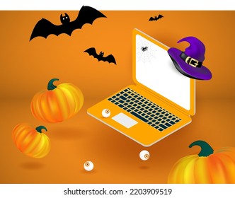 Happy Halloween holiday ad banner. Soaring or flying mockup of open computer, laptop or notebook, orange pumpkins, purple witch hat, bats and eyes. Editable Vector illustration