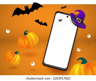 Happy Halloween holiday ad banner. Soaring or flying mockup of mobile phone, orange pumpkins, purple witch hat, bats and eyes. Editable Vector illustration