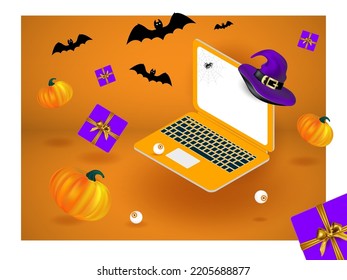 Happy Halloween holiday ad banner with soaring or flying mockup of open computer, laptop or notebook, gift boxes, orange pumpkins, purple witch hat, bats and eyes. Editable Vector illustration