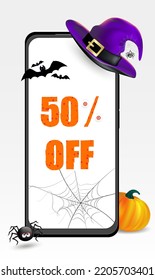 Happy Halloween holiday ad vertical banner with phone mock-up, text, witch hat, flying bats, pumplin and spider isolated on white background. Editable Vector illustration