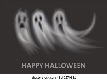 Happy Halloween holiday apparitions set poster with text vector. Ghosts with spooky faces and expressions. Horror and haunting creatures greeting