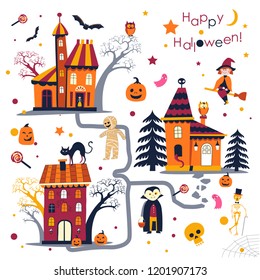 Happy Halloween holiday in autumn, houses with characters