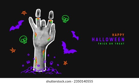 Happy Halloween holiday background. Halftone zombie hand sticks out from ground or grave. Trendy vector illustration in collage style for Halloween events with doodles.