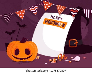 Happy halloween holiday background with pumpkin, witch hat and bunting flags. Vector illustration