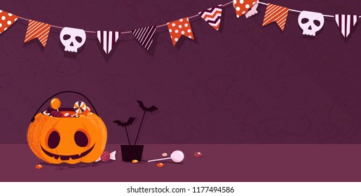 Happy halloween holiday background with pumpkin and candies. Vector illustration