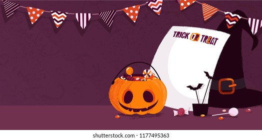 Happy halloween holiday background with pumpkin, witch hat and bunting flags. Vector illustration