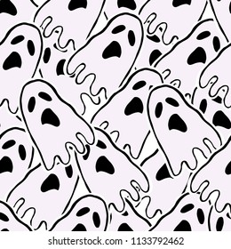 Happy Halloween holiday background. Vector seamless pattern for home decor, wallpaper, scrapbooking, wrapping, cards. Hand drawn cute ghosts.