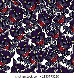Happy Halloween holiday background. Vector seamless pattern for home decor, wallpaper, scrapbooking, wrapping, cards. Hand drawn evil cats.