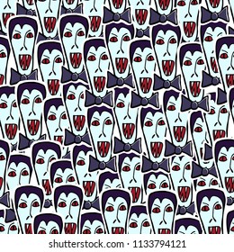 Happy Halloween holiday background. Vector seamless pattern for home decor, wallpaper, scrapbooking, wrapping, cards. Hand drawn vampire Dracula.