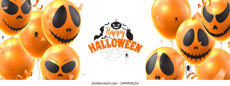 Happy Halloween holiday background. Vector illustration realistic orange air balloons with scary smiles. Halloween festive banner with spiders and confetti.