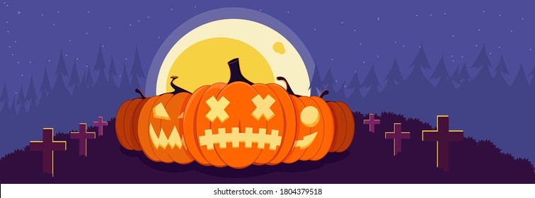 Happy Halloween holiday. Baner or party invitation, social media design. Pumpkins on the background of the moon. Night party. Vector illustration.