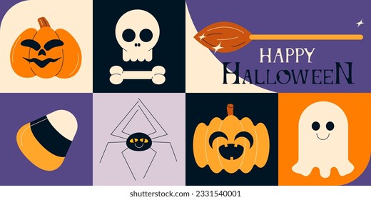 Happy Halloween holiday banner. Abstract geometric Helloween pattern background. October 31 backdrop. Flat vector illustrations set