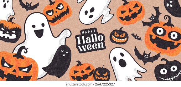 Happy Halloween holiday banner or card with trendy vector illustration with hand-drawn pumpkins, ghosts, bats. Cartoon Halloween template for decoration, cover, poster, gift card, social media, event.