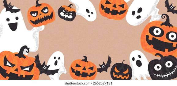 Happy Halloween holiday banner or card with trendy vector illustration with hand-drawn pumpkins, ghosts, bats. Cartoon Halloween template for decoration, cover, poster, gift card, social media, event.