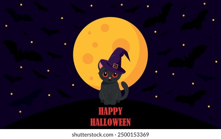 Happy Halloween. Holiday banner design with black cat wearing witch hat against the background of the night sky, the moon and flock of bats. Vector illustration