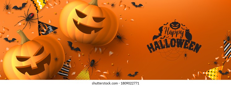 Happy Halloween holiday banner. Festive banner with black spiders and bats, scary pumpkins, colorful garlands, serpentine and confetti on orange background. Vector illustration.