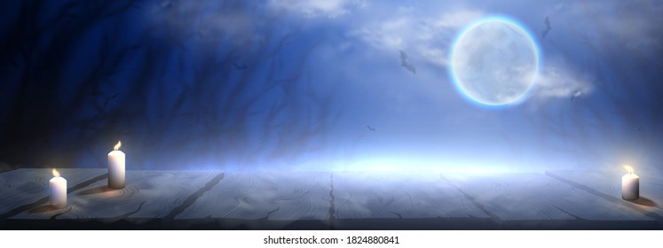 Happy Halloween holiday banner. Festive banner with burning wax candles on wooden desk with empty space. Vector illustration with cloudy sky, bright moon and shadows of trees.