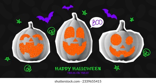 Happy Halloween holiday banner. Halftone hand pumpkins with doodles. Trendy vector illustration in collage style. Halloween banner with halftone collage elements and doodles.