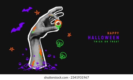 Happy Halloween holiday banner. Halftone zombie hand sticks out from ground or grave and holds pupil. Trendy vector illustration in collage style for Halloween events with doodles.