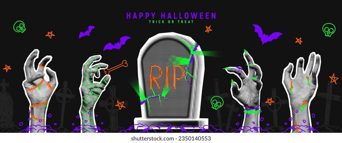 Happy Halloween holiday banner. Halftone zombie and mummies hands and stick out from ground or graves near tombstone. Trendy vector illustration in collage style for Halloween events with doodles.