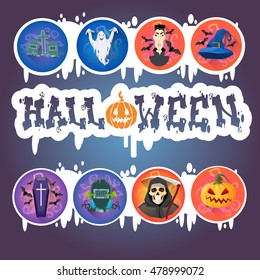 Happy Halloween Holiday Banner Monsters Collection Flat Vector Illustration