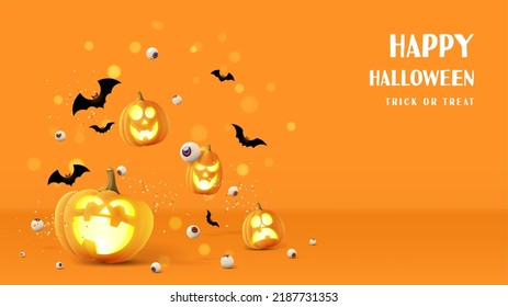 Happy Halloween holiday banner. Orange festive banner with 3d spooky glowing pumpkins, candy eyes and paper bats. Vector illustration. Happy Halloween holiday banner.