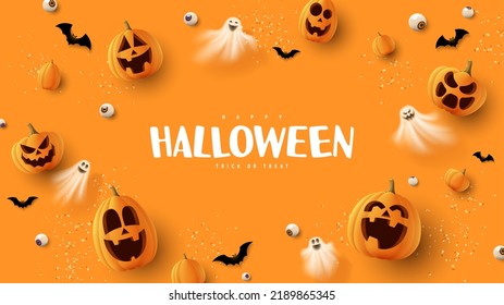 Happy Halloween holiday banner. Orange festive banner with 3d spooky pumpkins, candy eyes, paper bats, ghosts and confetti. Vector illustration. Happy Halloween holiday banner.