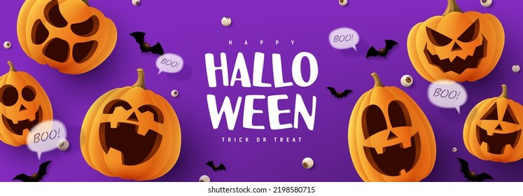 Happy Halloween holiday banner. Purple festive banner with 3d spooky pumpkins, candy eyes and paper bats. Vector illustration. Happy Halloween background.