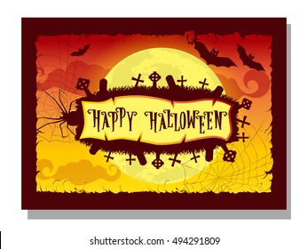 Happy halloween holiday banner with retro lettering, monster spider, web, silhouette cemetery with graves backdrop on big moon and scary bats on dark sky background. Cartoon style. Vector illustration