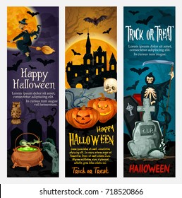 Happy Halloween holiday banner set. Flying bat and witch, horror pumpkin lantern and skeleton skull, spooky ghost house, cemetery or graveyard with tomb stone for Halloween greeting card design