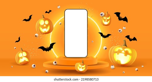 Happy Halloween holiday banner. Vector illustration with soaring podium and phone with Halloween decoration. Vector illustration. Ad background with 3d stage for presentation of products or goods.