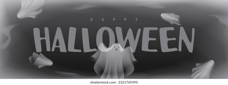Happy Halloween holiday banner. Vector illustration with flying ghosts in transparent fog. Happy Halloween background.