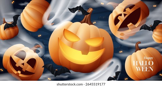 Happy Halloween holiday banner. Vector illustration with 3d pumpkins, ghosts, bats, clouds on dark blue background. Holiday card for decoration cover, banner, branding,  social media, event.