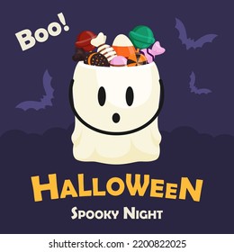 Happy Halloween holiday card design with bucket cute ghost, boo character. October spirit, spooky night placard. Helloween square postcard with candy. Flat vector illustration