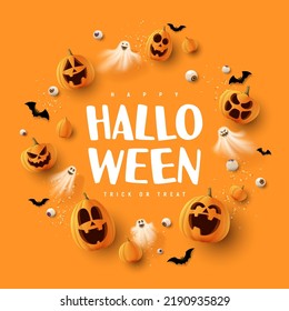 Happy Halloween holiday card. Orange festive banner with 3d spooky pumpkins, candy eyes, paper bats, ghosts and confetti. Vector illustration. Happy Halloween holiday banner.