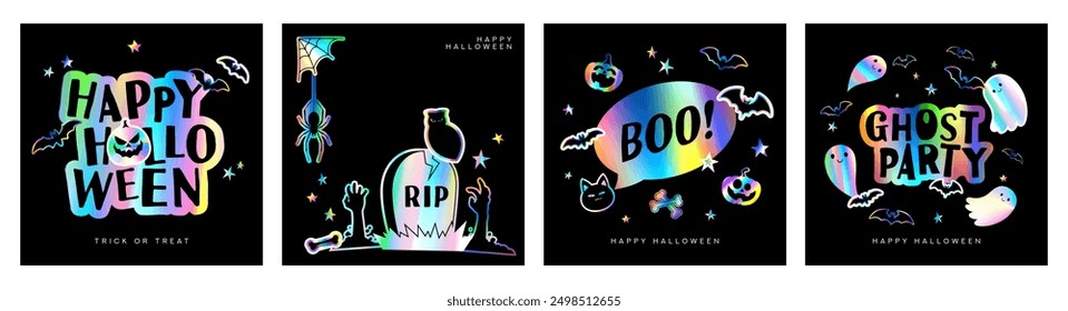 Feliz Halloween tarjetas de vacaciones. Ilustración vectorial brillante con pegatinas adhesivas de papel iridiscente de Halloween en estilo y2k para cartel de decoración, redes sociales, Web, anuncio. Anuncios planos de moda.