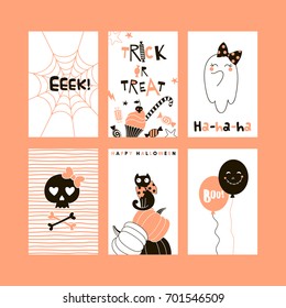 Happy Halloween holiday cards templates set. Vector trendy graphics for party invitation, holiday greetings, prints, placards, Journal cards, posters, flyers, gift tags.