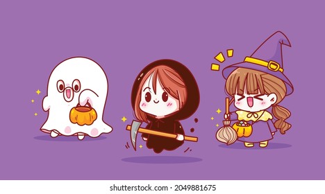 Happy halloween holiday celebration collection cute kid costume character hand drawn cartoon art illustration