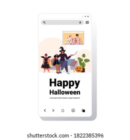 happy halloween holiday celebration concept family in costumes discussing with grandparents during video call online communication self isolation smartphone screen vector illustration