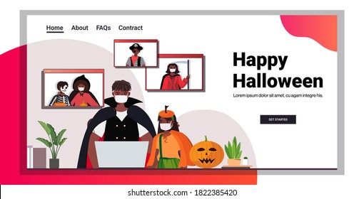 happy halloween holiday celebration concept people in costumes discussing with friends during video call online communication self isolation concept horizontal portrait copy space vector illustration