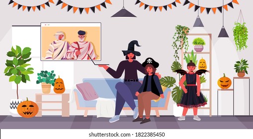 Happy Halloween Holiday Celebration Concept Family In Costumes Discussing With Grandparents During Video Call Online Communication Self Isolation Living Room Interior Horizontal Vector Illustration