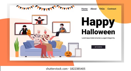 happy halloween holiday celebration grandparents in mummy costumes discussing with children during video call online communication self isolation horizontal copy space vector illustration