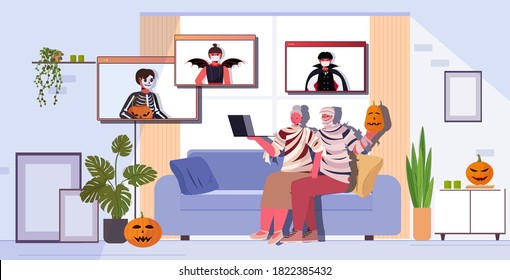 Happy Halloween Holiday Celebration Grandparents In Mummy Costumes Discussing With Children During Video Call Online Communication Self Isolation Living Room Interior Horizontal Vector Illustration