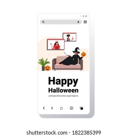 happy halloween holiday celebration woman in witch costume discussing with friends during video call online communication self isolation smartphone screen vector illustration