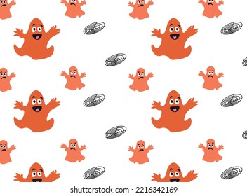 Happy halloween holiday concept. Halloween decorations, web, ghosts on white background. Halloween party greeting card mockup with copy space. Flat lay, top view, overhead.

