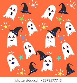 Happy halloween holiday concept. Halloween decorations, hat,star, ghosts on orange background. Halloween party greeting card mockup with copy space