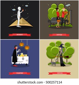 Happy halloween holiday concept posters. Vector illustration in flat style design.